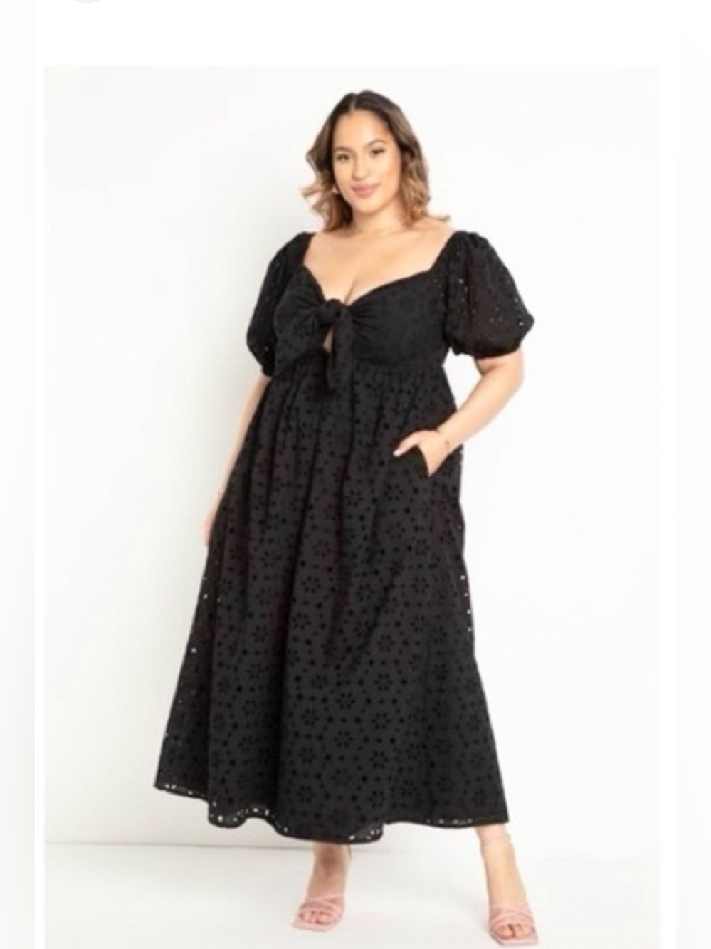 ELOQUII Black Tie Front Puff Sleeve Rayon Maxi Dress Size 14